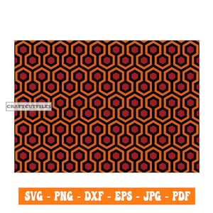 May include: A repeating pattern of red and orange hexagons on a black background. The pattern is reminiscent of the carpet from the movie "The Shining".