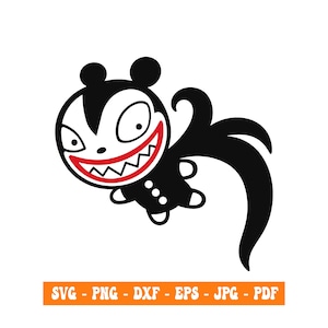 Pode incluir: Uma ilustração gráfica a preto e branco de uma criatura estilizada com olhos grandes, uma boca vermelha larga com dentes afiados e uma cauda longa e fluida. Abaixo da criatura, uma barra laranja contém o texto branco SVG - PNG - DXF - EPS - JPG - PDF.