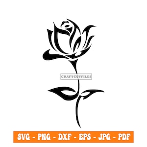 May include: Black and white silhouette of a stylized rose with a single stem and leaves.