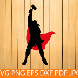 May include: Silhouette of a superhero with a hammer raised overhead, wearing a cape. The figure is black against a light brown wooden background. The bottom of the image has the text "SVG PNG EPS DXF PDF JPG" in white.