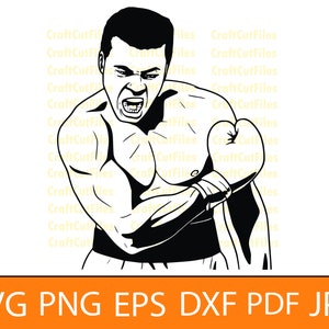 May include: Black and white silhouette of a boxer with a determined expression, wearing boxing gloves and shorts. The boxer is in a fighting stance, ready to throw a punch.
