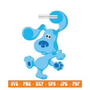 May include: A blue cartoon dog with spots, standing on two legs and smiling. The dog has a blue nose and large, round eyes.