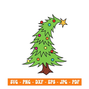 Peut inclure: Illustration d'un sapin de Noël de dessin animé. L'arbre vert est orné de boules colorées et d'une étoile dorée. L'arbre a un tronc brun et se détache sur un fond blanc. Le bas de l'image contient le texte "SVG - PNG - DXF - EPS - JPG - PDF".