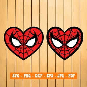 May include: Two red heart-shaped designs with a black outline. The hearts feature a black and white spider-man mask design with a red web pattern.