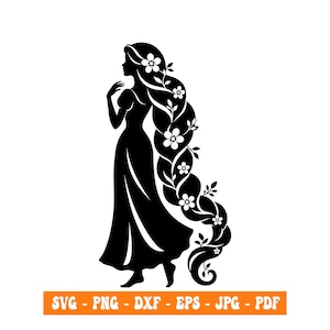 May include: A black silhouette graphic of a person with long, flowing hair adorned with flowers, wearing a dress. Below the figure, an orange rectangular banner contains the white text: SVG - PNG - DXF - EPS - JPG - PDF.