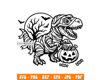T-Rex Halloween SVG PNG DXF, Mummy Dinosaur with Pumpkin and Candy, Spooky Trick or Treat Cut File for Cricut and Silhouette