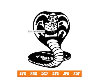 May include: Black and white silhouette of a cobra with its hood raised, in a coiled position. The snake is facing forward with its mouth open.
