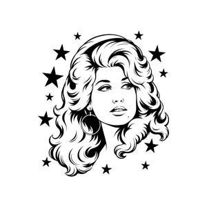 Könnte beinhalten: Eine schwarz-weiße grafische Illustration, die das stilisierte Porträt einer Person mit voluminösem, welligem Haar zeigt, die große Creolen trägt und von einer Ansammlung unterschiedlich großer fünfzackiger Sterne auf weißem Grund umgeben ist.