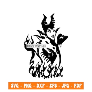 May include: Black and white silhouette of a woman with horns and a dragon, surrounded by flames. The woman is holding the dragon's head in her hand.