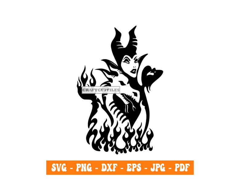 May include: Black and white silhouette of a woman with horns and a dragon, surrounded by flames. The woman is holding the dragon's head in her hand.