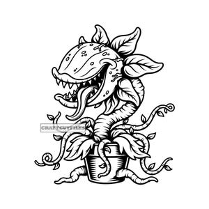 May include: A black and white line art illustration of a carnivorous plant with a wide, toothy mouth and a long tongue, emerging from a small pot. The plant features leafy stems and vines extending outward. The text CRAFTCUTFILES is visible.
