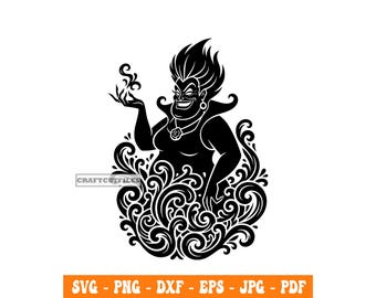 Úrsula Mandala SVG PNG DXF, Archivo de corte de bruja marina, Vector de silueta de villano de La Sirenita, Diseño de Halloween de Cricut, Clipart de la Reina Malvada