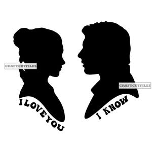 Gwiezdne Wojny, Kocham Cię, Wiem, Księżniczka Leia, Han Solo, SVG, PNG, Pobieranie cyfrowe, Koszulka, Do druku, Plik do cięcia, Żelazko, Sylwetka