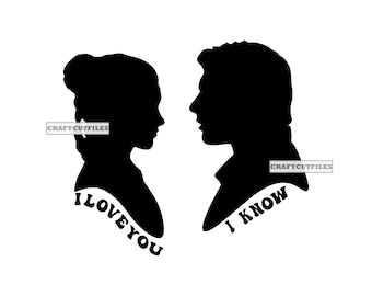 Star Wars, ich liebe dich, ich weiß, Prinzessin Leia, Han Solo, SVG, PNG, digitaler Download, Tshirt, bedruckbar, Schnittdatei, Aufbügeln, Silhouette