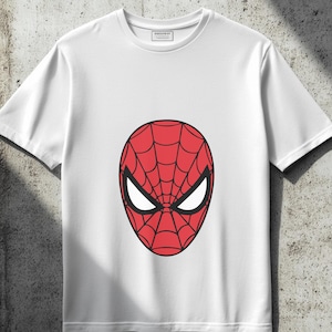 May include: White t-shirt with a red and black Spider-Man mask graphic.