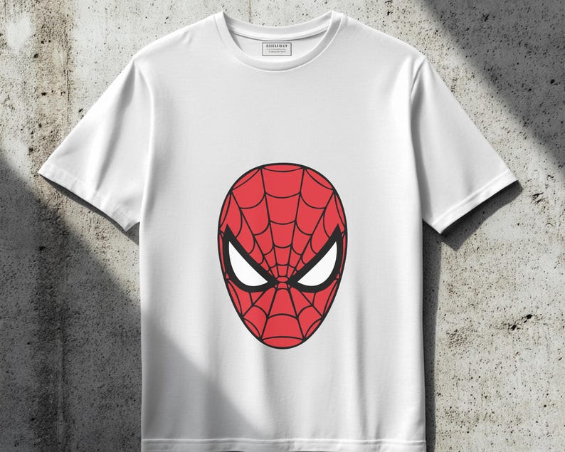 May include: White t-shirt with a red and black Spider-Man mask graphic.