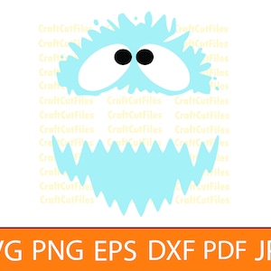 May include: A light blue monster with a jagged mouth and two large black eyes. The monster is outlined in white and has a splatter effect.