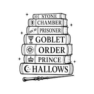 May include: A black and white graphic illustration of a stack of seven books with a wand positioned horizontally underneath. Each book spine features a unique icon and the words STONE, CHAMBER, PRISONER, GOBLET, ORDER, PRINCE, and HALLOWS.