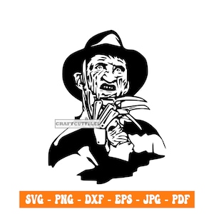 May include: Black and white silhouette of a horror movie character wearing a hat and holding a weapon. The character has a menacing expression.
