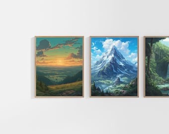Wall Art Print Studio Ghibli Inspired, Digital Download Artwork Japanese Style, Anime Poster Bundle, Anime Lover Gift, Zelda Painting Art