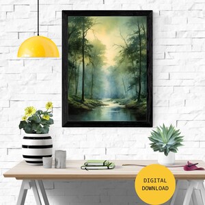 Captivating River&#39;s Journey through Misty Woods, beautiful painting of a tall, misty wood, Wall Decor