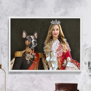 PET AND OWNER - Princess And The King, Classic Pet Portrait from Photo, Cat/Dog Portrait Funny, Custom Pet Portrait Gift, Christmas Day Gift