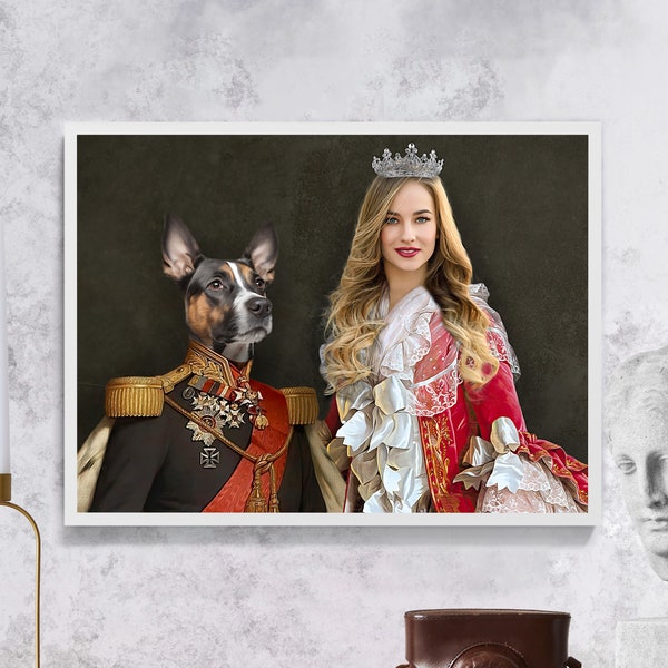 PET AND OWNER - Princess And The King, Classic Pet Portrait from Photo, Cat/Dog Portrait Funny, Custom Pet Portrait Gift, Christmas Day Gift