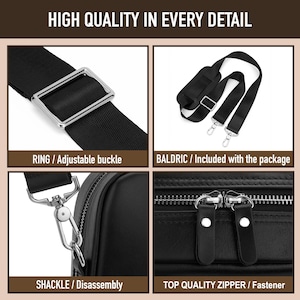 May include: A black bag featuring a silver adjustable buckle, a detachable black shoulder strap, a silver metal shackle for disassembly, and a black zipper with two pull tabs. The text reads: HIGH QUALITY IN EVERY DETAIL, RING / Adjustable buckle, BALDRIC / Included with the package, SHACKLE / Disassembly, TOP QUALITY ZIPPER / Fastener.
