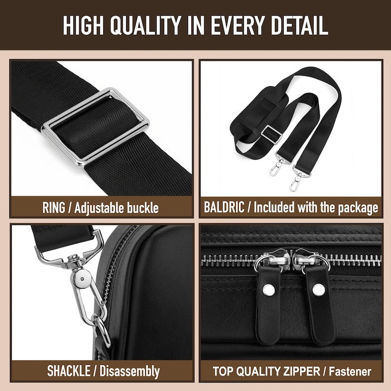 May include: A black bag featuring a silver adjustable buckle, a detachable black shoulder strap, a silver metal shackle for disassembly, and a black zipper with two pull tabs. The text reads: HIGH QUALITY IN EVERY DETAIL, RING / Adjustable buckle, BALDRIC / Included with the package, SHACKLE / Disassembly, TOP QUALITY ZIPPER / Fastener.