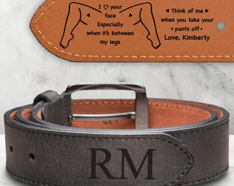 Personalized Engraved Leather Belt for Men, Funny Naughty Gift for Husband Boyfriend, Custom Valentine’s Day Anniversary Gift for Him