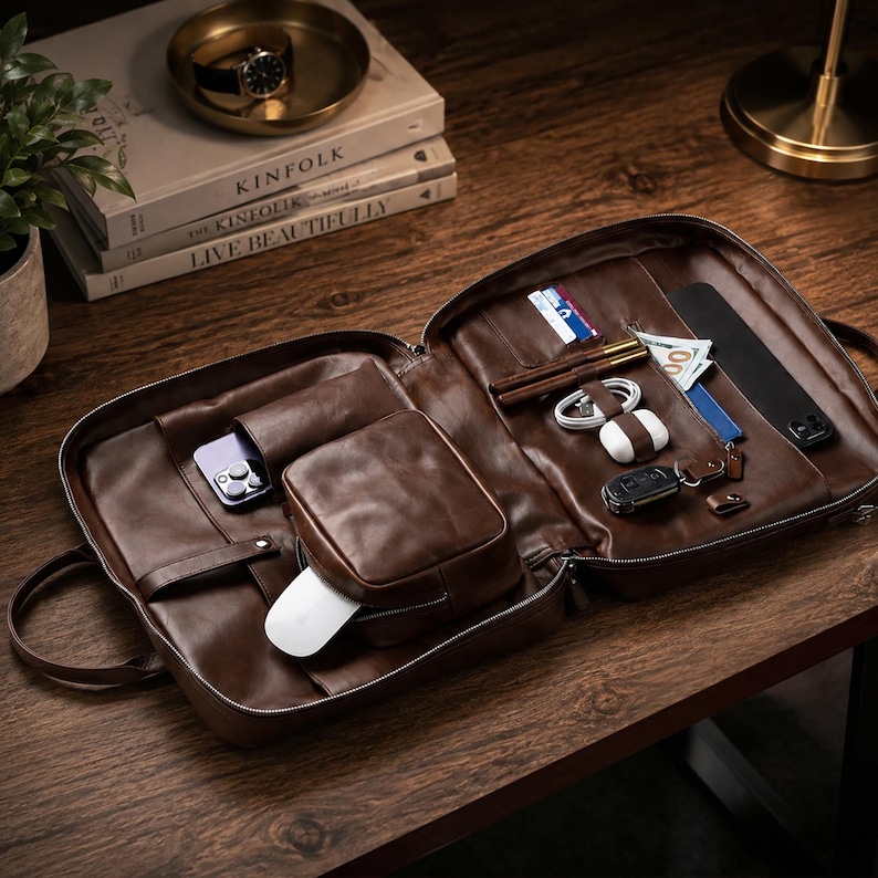 May include: A dark brown leather organizer bag opened to reveal multiple interior compartments containing a smartphone, a white computer mouse, a charging cable, wireless earbuds, a car key fob, pens, and a one hundred dollar bill.