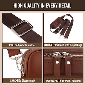 May include: A brown bag accessory set featuring a dark brown adjustable strap with a silver buckle, a detachable shoulder strap, a silver metal shackle for disassembly, and a brown leather-like bag with two silver zippers and pull tabs.