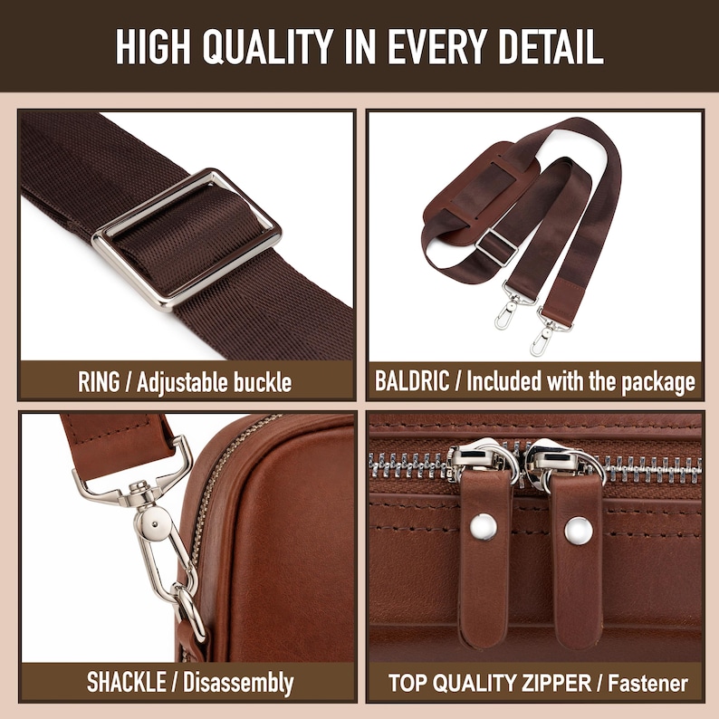 May include: A brown bag accessory set featuring a dark brown adjustable strap with a silver buckle, a detachable shoulder strap, a silver metal shackle for disassembly, and a brown leather-like bag with two silver zippers and pull tabs.
