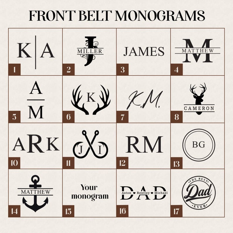 May include: A grid of sixteen black monogram designs on a light background labeled FRONT BELT MONOGRAMS. The designs include initials, names like James, Matthew, Cameron, and Dad, and icons such as antlers, fish hooks, an anchor, and circular borders.
