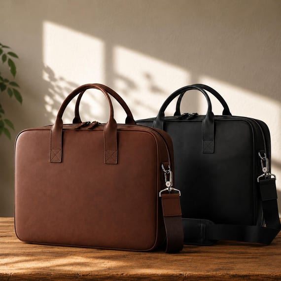 Handmade Full Grain Leather Laptop Bag – Slim Briefcase with Magnetic Pocket