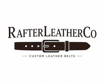 May include: A dark brown logo featuring the text RAFTERLEATHERCO in a serif font above a graphic of a belt with a buckle. Below the belt, the text CUSTOM LEATHER BELTS is centered between two horizontal lines on a plain white background.