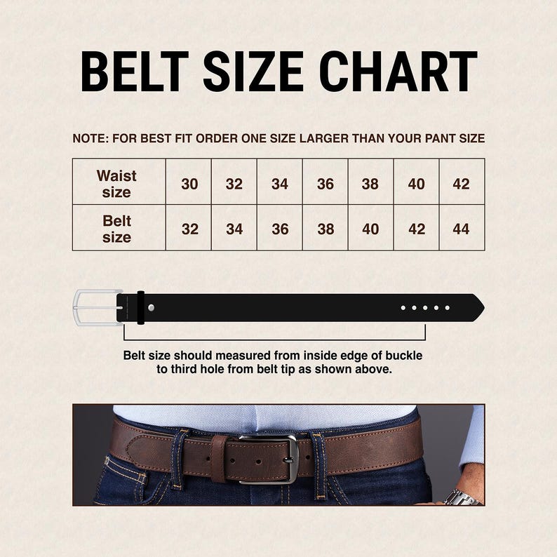 May include: A belt size chart featuring a table with waist sizes from 30 to 42 and corresponding belt sizes from 32 to 44. It includes a diagram of a black belt and a photo of a brown leather belt worn with blue jeans and a light shirt.