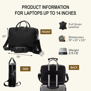May include: A black full grain leather laptop bag with two top handles and a detachable shoulder strap. Text indicates it fits laptops up to 14 inches, measures 15 inches by 10 inches by 3.5 inches, and weighs 2.5 pounds. Shown from front, side, and back views.