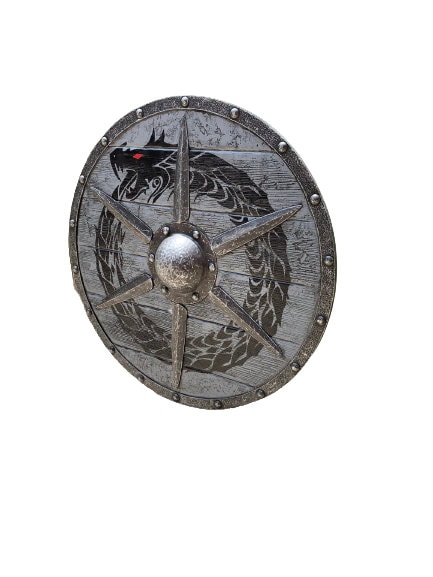 22" Wooden Viking Shield - Dragon Design Battleworn Replica For LARP, Wall Decor, & Costumes