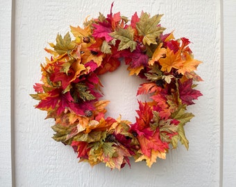 Fall Maple Leaf Wreath for Front Door, Colorful Autumn Wreath, Orange and Yellow Maple Leaves, Acorns and Pinecones, Fall Porch Decor