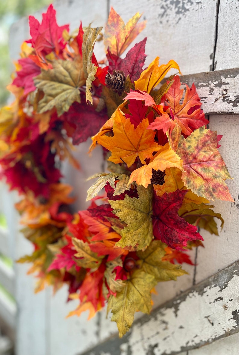 Fall Maple Leaf Wreath for Front Door, Colorful Autumn Wreath, Orange ...