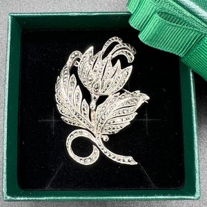 Vintage Silver Marcasite pin Brooch, Thistle and floral shaped Art Deco Jewellery, made in England - Hallmarked, Gift for her