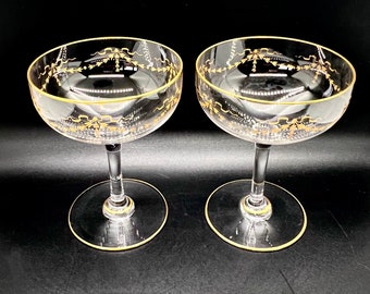 Vintage Champagne coupe glasses, 2 vintage baccarat style gilded and handblown toasting glasses, swag pattern saucer glasses