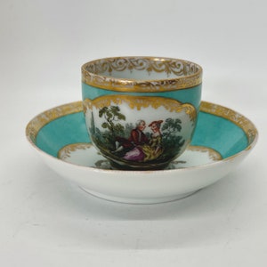 Antique Meissen Cup & Saucer: Handpainted Watteau Scene, Gilded Turquoise, c1880