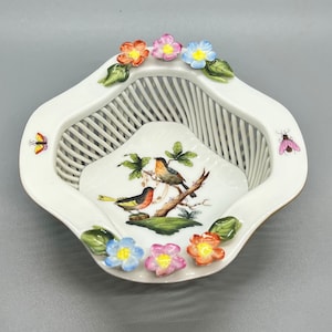 Herend Rothschild Bird Porcelain Basket Bowl: Hand-Painted Gold Gilt