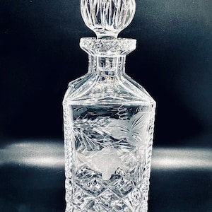 Vintage CRYSTAL DECANTER, Bourbon Square Decanter, etched Vine and grapes cut crystal Whiskey Decanter | Star cut base | Gift for him