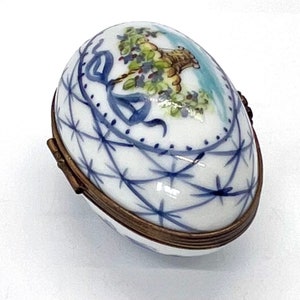 Vintage Limoges France porcelain Eggshaped Trinket Box, rare handpainted Flower basket, Bow ribbon, peint main Limoges box, signed AD