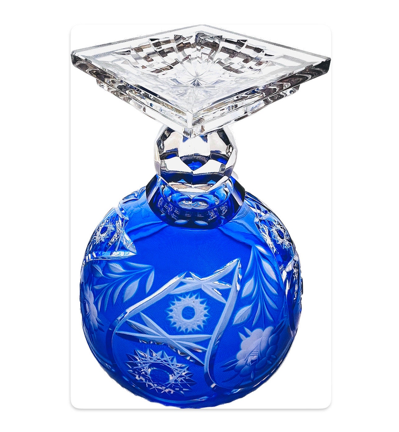 青色カットクリスタルボウル コバルトブルーカットの透明クリスタルボウル：ホブスターフローラル