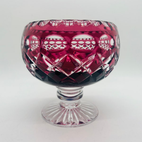 Vintage Crystal Pedestal Bowl, Red Cut in Clear BonBon:  Candy Bowl by Thomas Webb Crystal, England C1930, Berry Red Glass bowl