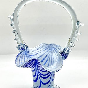 Vintage Murano Style Art Glass Basket: Blue and White Decor